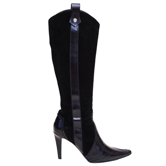 Christian Dior Black Suede Leather Heeled Cowboy Boots - Picture 1 of 7